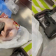 On the left side an unwrapped turkey has an object wrapped in a plastic bag. On the right the unloaded pistol is pictured with its magazine.